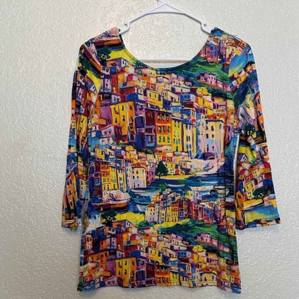 Made In Italy Vibrant Coastal Print Slinky Long Sleeve Top - Multicolor M